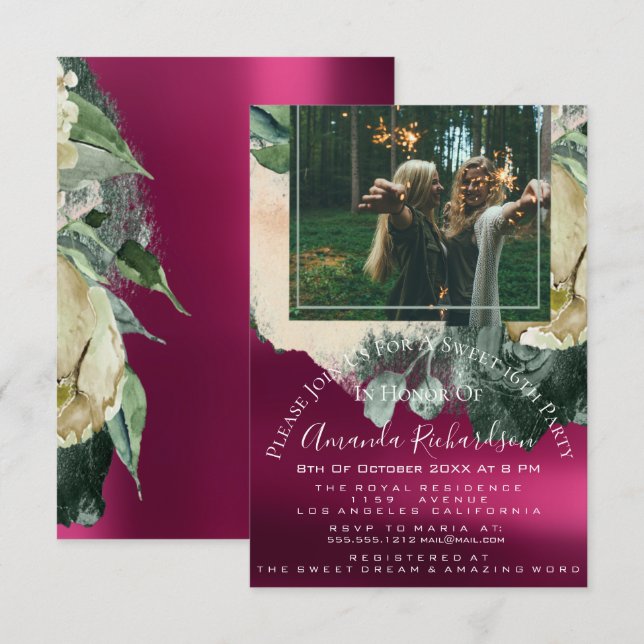 Invitation Fête des mariées Photo Maroon Floral Anniversaire  (Devant / Derrière)