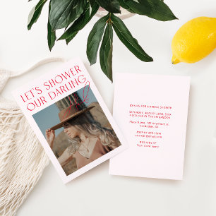 Invitation Fête des mariées photo minimaliste rose et rouge I