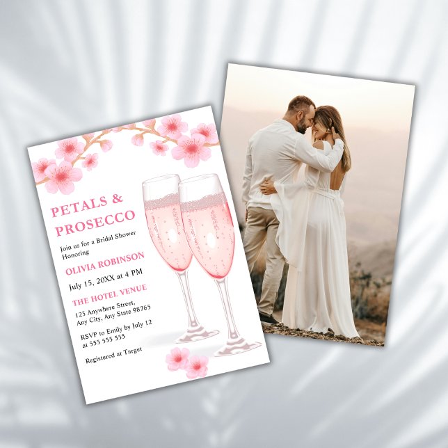 Invitation Fête des mariées photo moderne Pétales & Prosecco  (Modern Elegant Petals and Prosecco Pink Watercolor Floral Photo Bridal Shower Invitation )