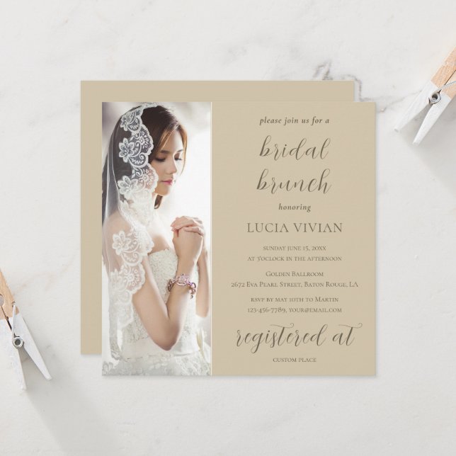 Invitation Fête des mariées photo moderne Sand Green Brunch (Devant/Arrière en situation)