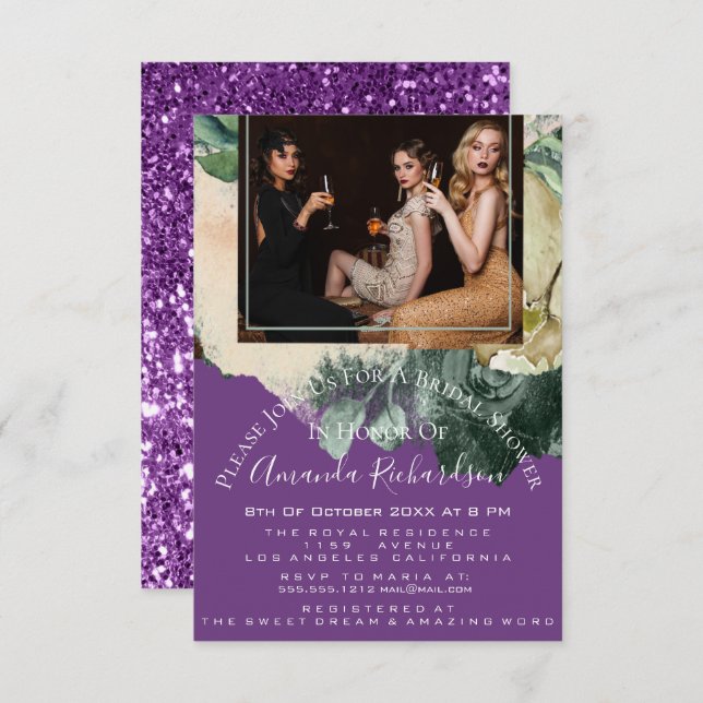 Invitation Fête des mariées Photo Purple Floral Filles d'anni (Devant / Derrière)