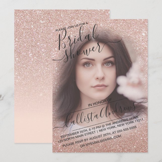 Invitation Fête des mariées photo rose Gold Sparkly Parties s (Devant / Derrière)