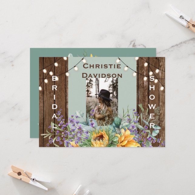 Invitation Fête des mariées photo Rustic Sunflower Lights (Devant/Arrière en situation)