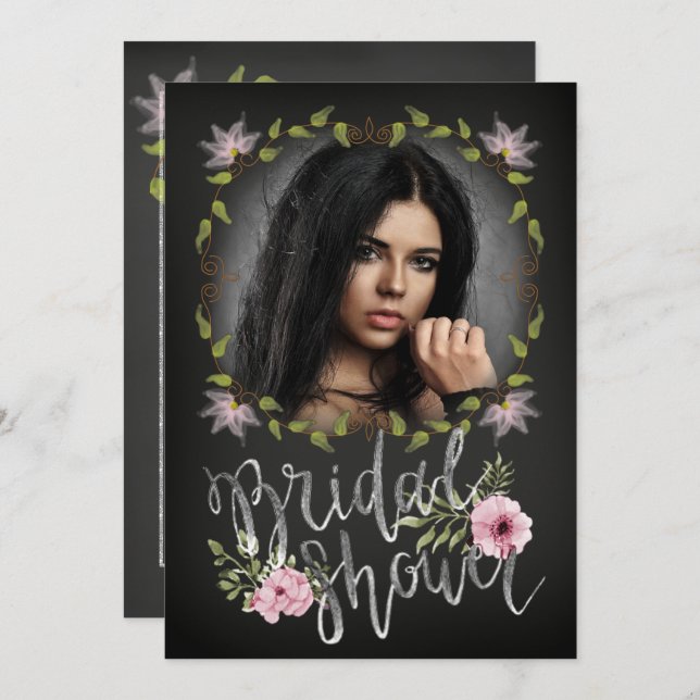 Invitation Fête des mariées photo unique Florale noire et ros (Devant / Derrière)
