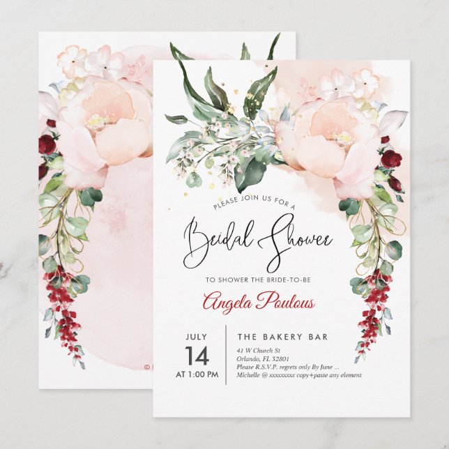 Invitation Fête des mariées PixDezines Blush Watercolor Flowe (Devant / Derrière)