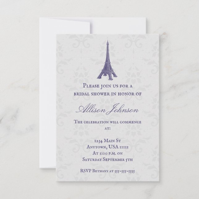 Invitation Fête des mariées pourpre Tour Eiffel Damas (Devant)