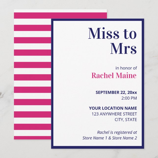 Invitation Fête des mariées Preppy Bold Blue & Pink Stripes (Devant / Derrière)