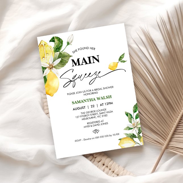 Invitation Fête des mariées principale au citron moderne (She Found Her Main Squeeze Bridal Shower Invitation, Lemon Bridal Shower Invitation, Citrus Yellow)
