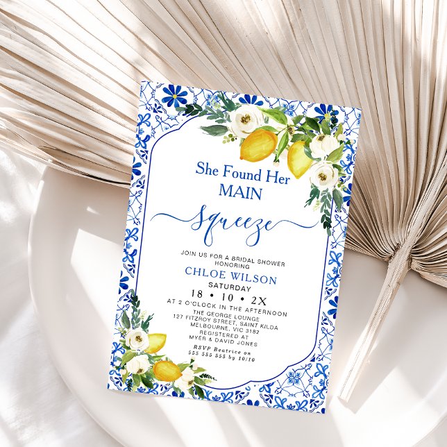 Invitation Fête des mariées principale de Positano méditerran (She Found Her Main Squeeze Bridal Shower Invitation, Mediterranean Positano, Lemon Bridal Shower)
