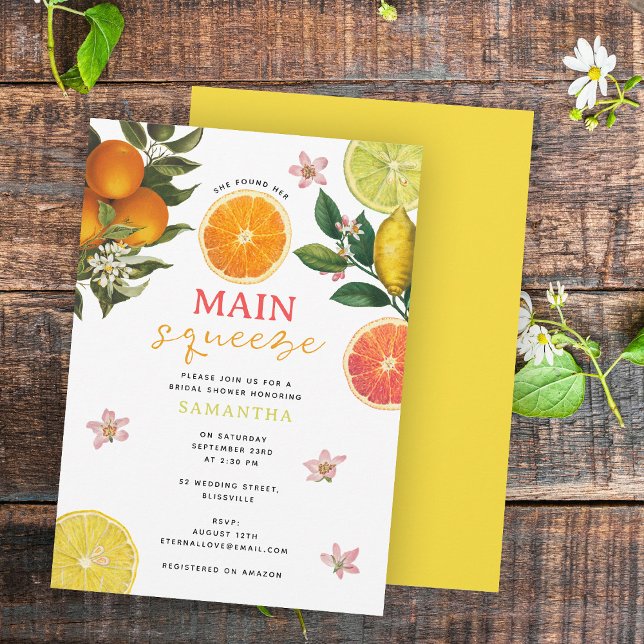 Invitation Fête des mariées principale de taille rose Citrus  (Citrus Pink Main Squeeze Bridal Shower Brunch Invitation)