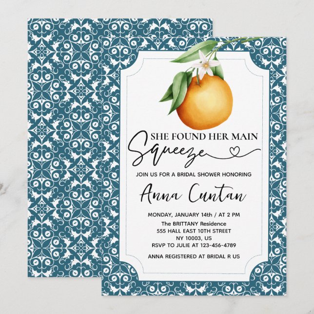 Invitation Fête des mariées principale Squeeze Carreaux bleu  (Devant / Derrière)