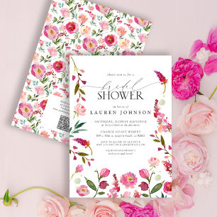 Invitation Fête des mariées QR Code Pink Watercolor Flowers
