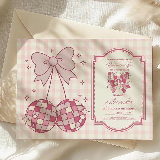 Invitation Fête des mariées Retro Disco Cute Rose Bow (Créateur téléchargé)
