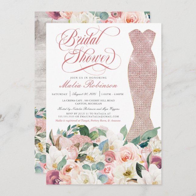Invitation Fête des mariées robe glam Gown rose floral (Devant / Derrière)