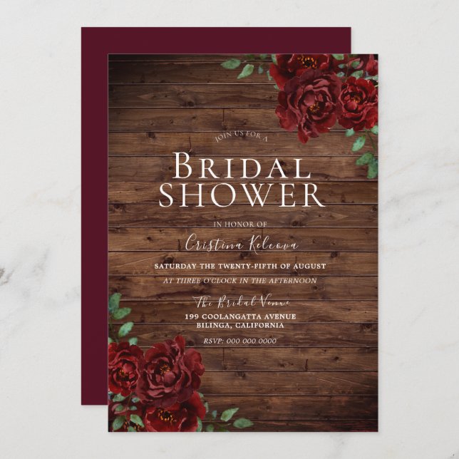 Invitation Fête des mariées romantique Rustique Roses Rouges (Devant / Derrière)