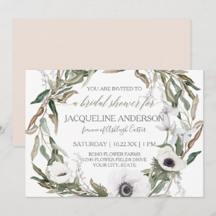 Invitation Fête des mariées rose Aquarelle Anémone Olive Wrea
