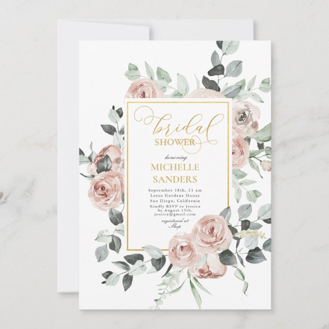 Invitation Fête des mariées Rose aquarelle Eucalyptus Dusty (Devant)