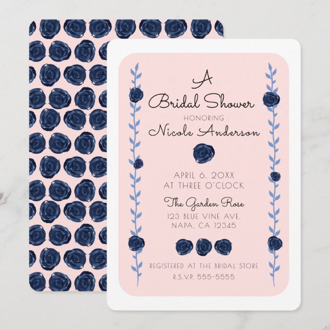 Invitation Fête des mariées Rose Aquarelle Rose Bleu (Devant / Derrière)