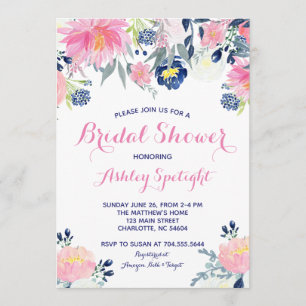 Invitation Fête des mariées rose bleu marine Floral Invitatio