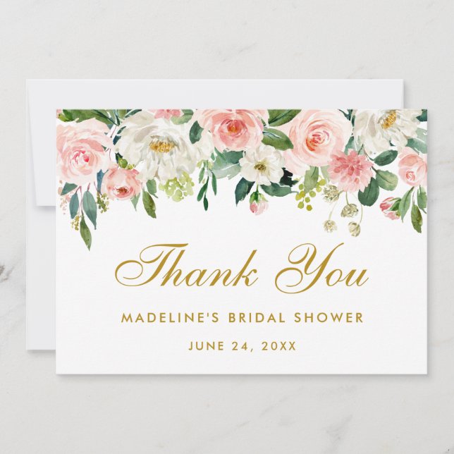 Invitation Fête des mariées Rose Blush Floral Gold Merci (Devant)