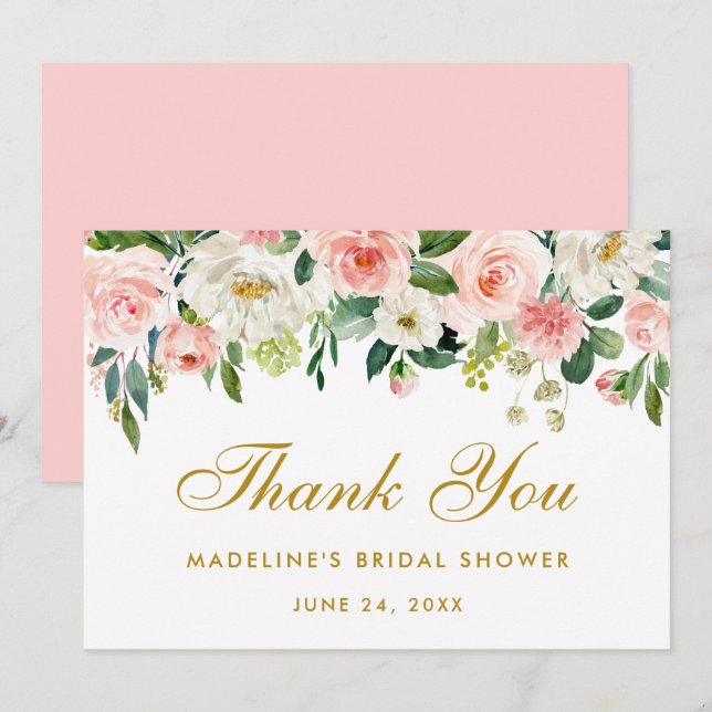 Invitation Fête des mariées Rose Blush Floral Gold Merci P (Devant / Derrière)