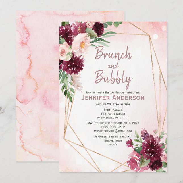 Invitation Fête des mariées Rose Brunch & Bubbly Bourgogne (Devant / Derrière)