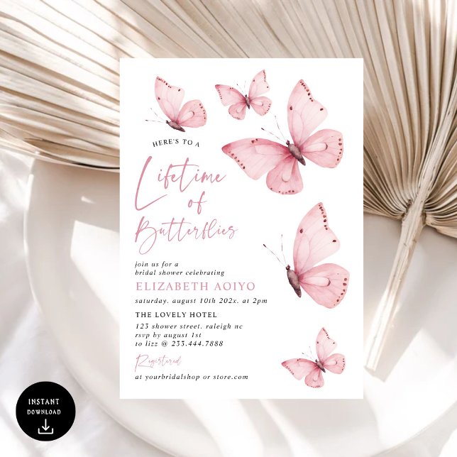 Invitation Fête des mariées rose des papillons (Créateur téléchargé)