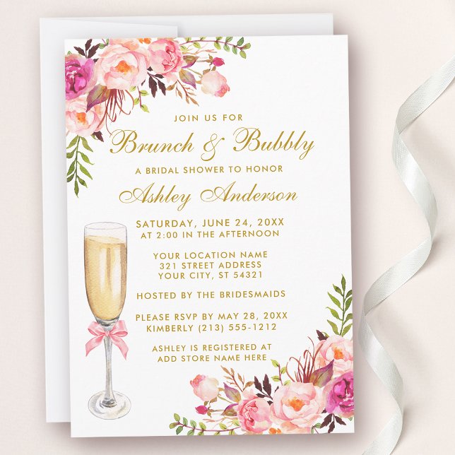 Invitation Fête des mariées rose Floral Brunch Bubbly Gold (Customize to change text color, style or text size.)