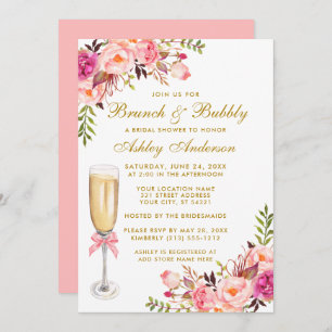 Invitation Fête des mariées Rose Floral Brunch Bubbly Or
