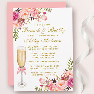 Invitation Fête des mariées Rose Floral Brunch Bubbly Or