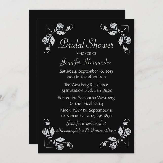 Invitation Fête des mariées Rose florale Mariage noir et gris (Devant / Derrière)