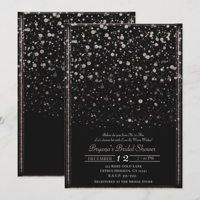 Invitation Fête des mariées rose Gold & Black Confetti Splatt (Devant / Derrière)