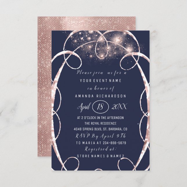 Invitation Fête des mariées Rose Gold Confetti Blue Navy (Devant / Derrière)