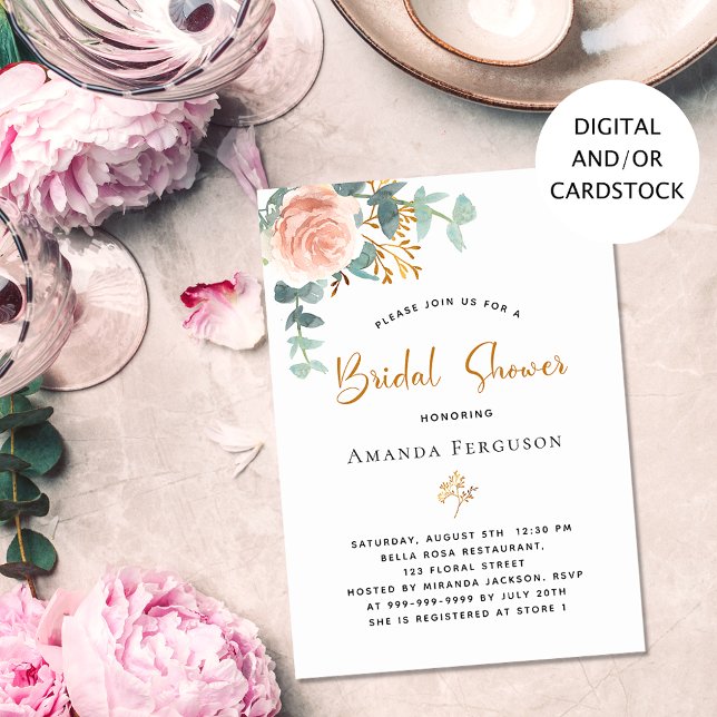 Invitation Fête des mariées rose or eucalyptus verdure (Créateur téléchargé)