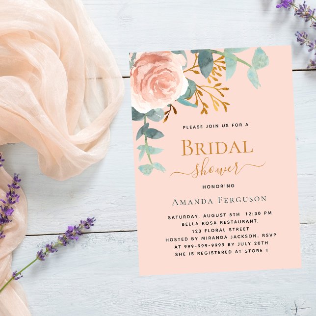 Invitation Fête des mariées rose or fleurie verdure pêche pêc (Créateur téléchargé)