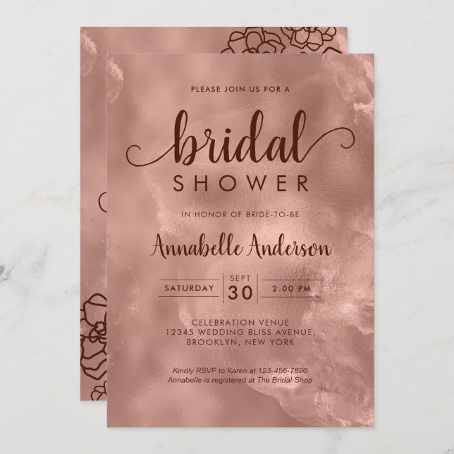 Invitation Fête des mariées Rose or métal élégant floral (Devant / Derrière)
