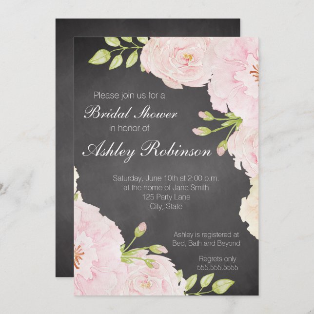 Invitation Fête des mariées Roses Chalkboard Watercolor (Devant / Derrière)