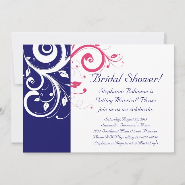 Invitation Fête des mariées Royal Blue, Fuchsia et White Swir (Devant)