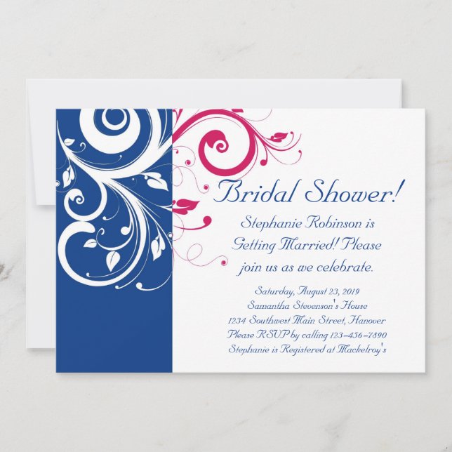 Invitation Fête des mariées Royal Blue, Fuchsia et White Swir (Devant)