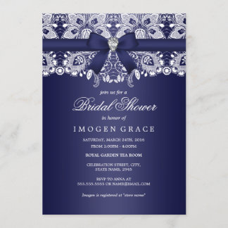Invitation Fête des mariées Royal Blue Lace & Diamond Bow