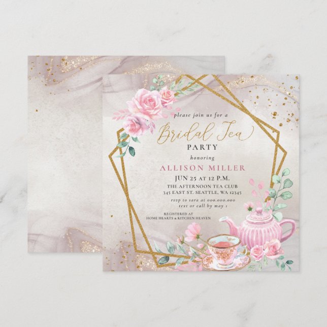 Invitation Fête des mariées Rustic Blush Rose Gold Tea Party (Devant / Derrière)