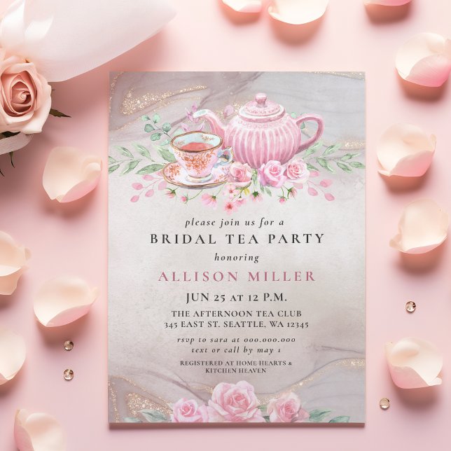 Invitation Fête des mariées Rustic Blush Rose Gold Tea Party (Rustic Blush Rose Gold Tea Party Bridal Shower Invitation)
