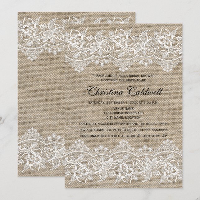 Invitation Fête des mariées Rustic Jute et Lace Look (Devant / Derrière)