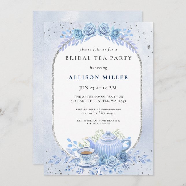 Invitation Fête des mariées Rustique Blue Floral Tea Party (Devant / Derrière)