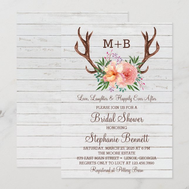 Invitation Fête des mariées Rustique Bois Floral Antlers (Devant / Derrière)