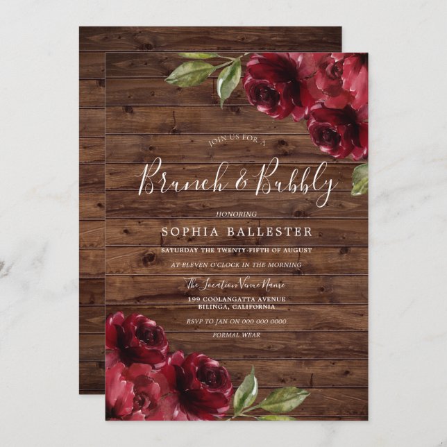 Invitation Fête des mariées rustique Bourgogne Floral Brunch  (Devant / Derrière)