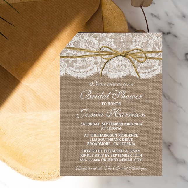 Invitation Fête des mariées Rustique Burlap, dentelle et bow  (Créateur téléchargé)