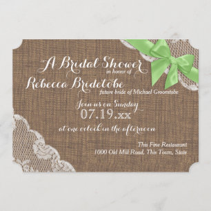 Invitation Fête des mariées Rustique Burlap et Lace Green Bow