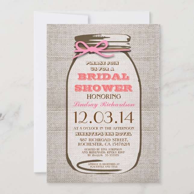 Invitation Fête des mariées rustique Burlap Mason Jar (Devant)