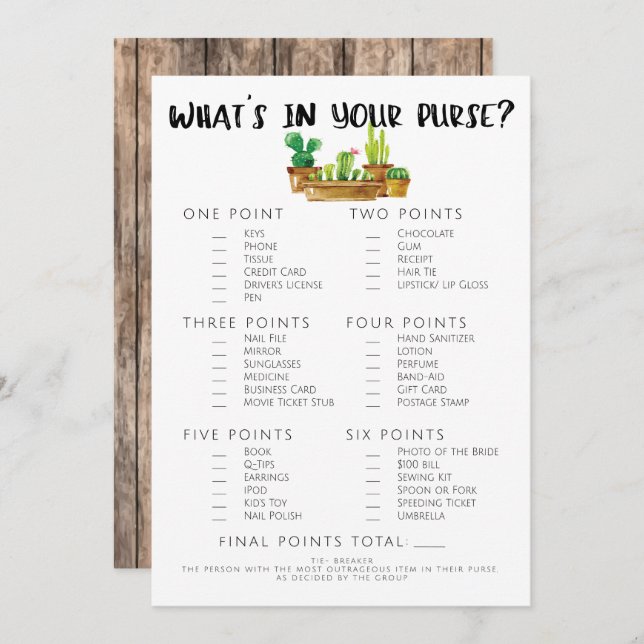 Invitation Fête des mariées Rustique Cactus Jeu-Purse (Devant / Derrière)